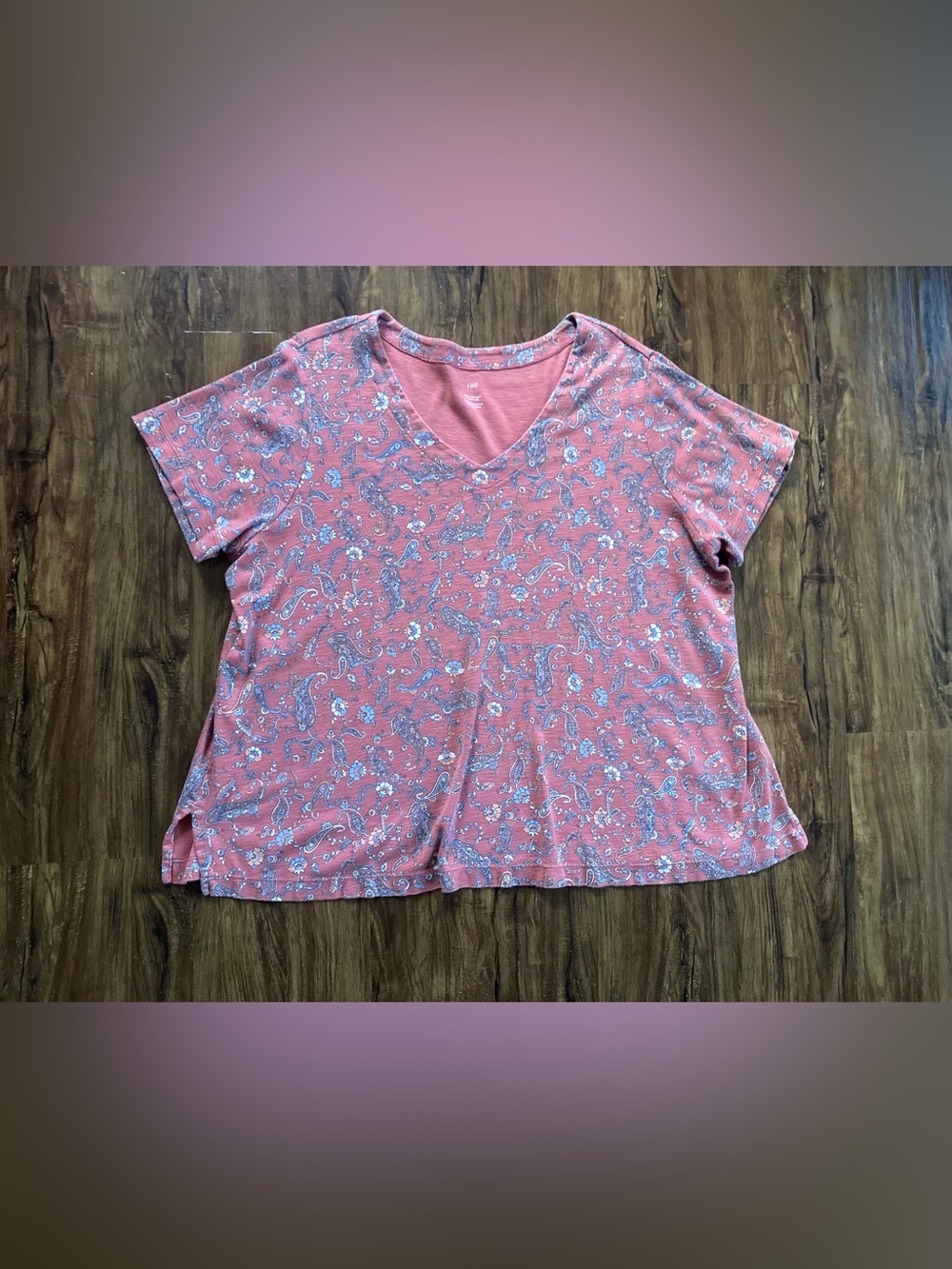 J. Jill Coral Paisley V-Neck Short Sleeve Tee Women’s Size 2X Cotton Casual Boho